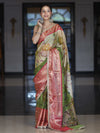 Banarasee Soft Silk Embroidered Saree With Hand Painted Floral Design & Contrast Border-Multicolor