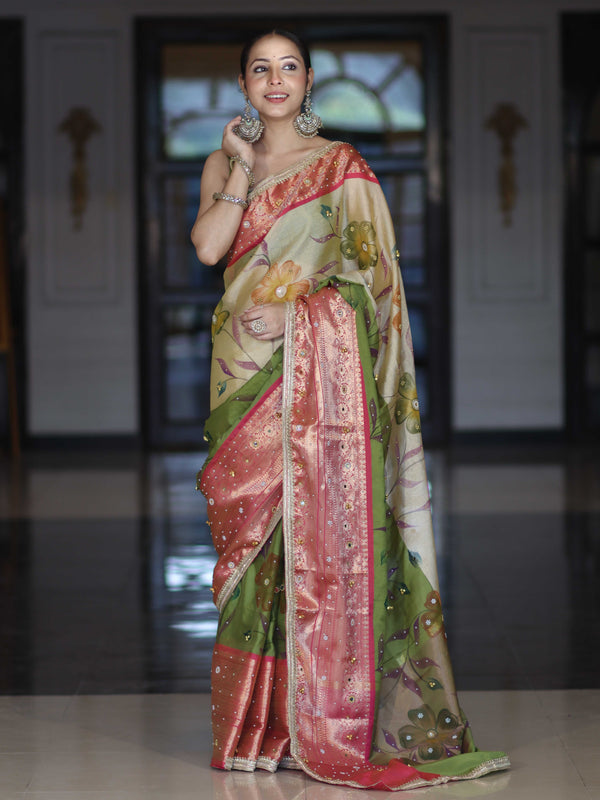 Banarasee Soft Silk Embroidered Saree With Hand Painted Floral Design & Contrast Border-Multicolor