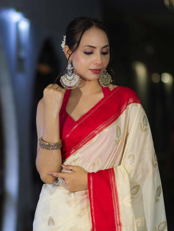 Banarasee Handloom Semi Silk With Sona Rupa Zari Work & Contrast Border-Cream & Red
