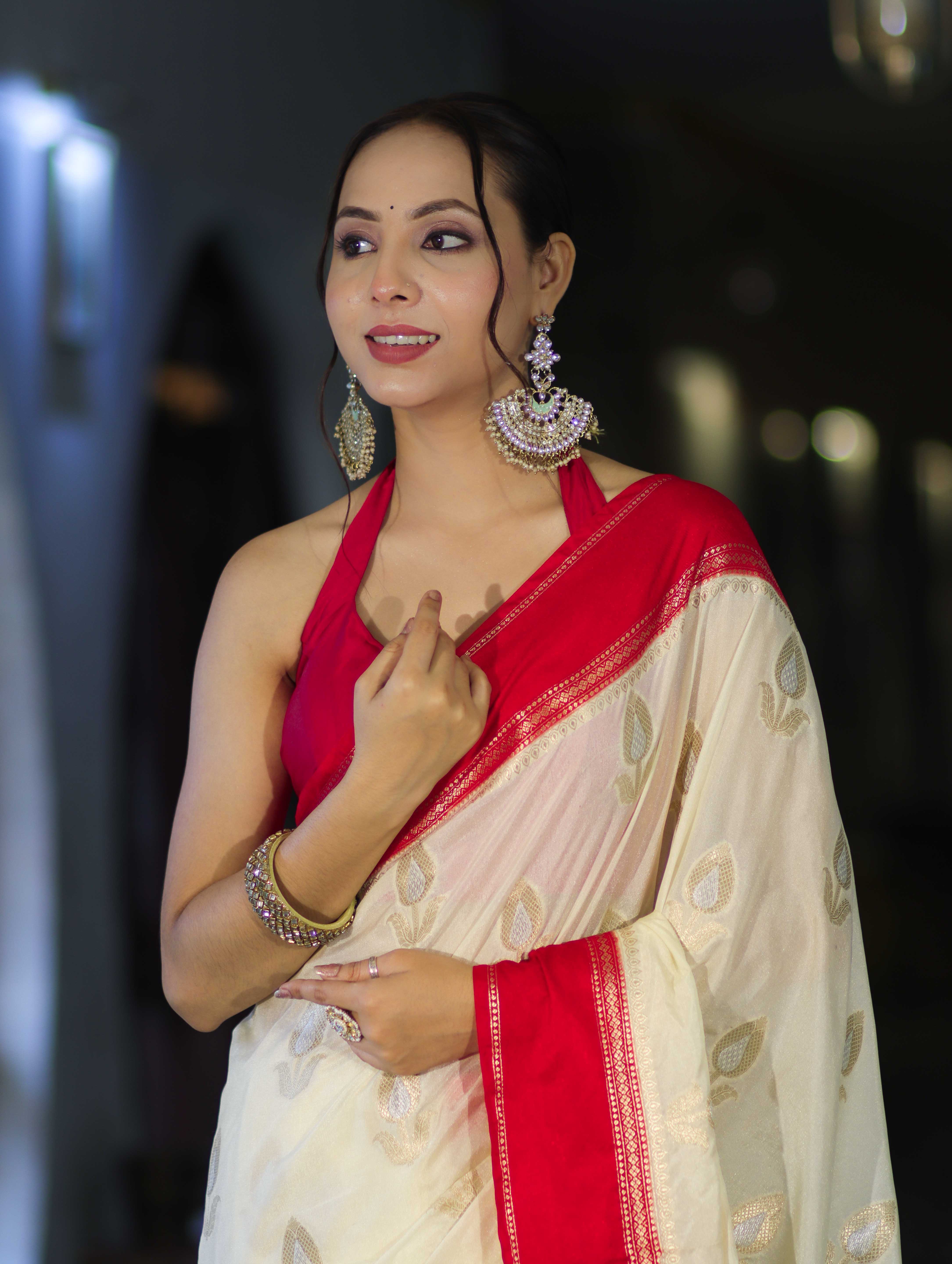 Banarasee Handloom Semi Silk With Sona Rupa Zari Work & Contrast Border-Cream & Red
