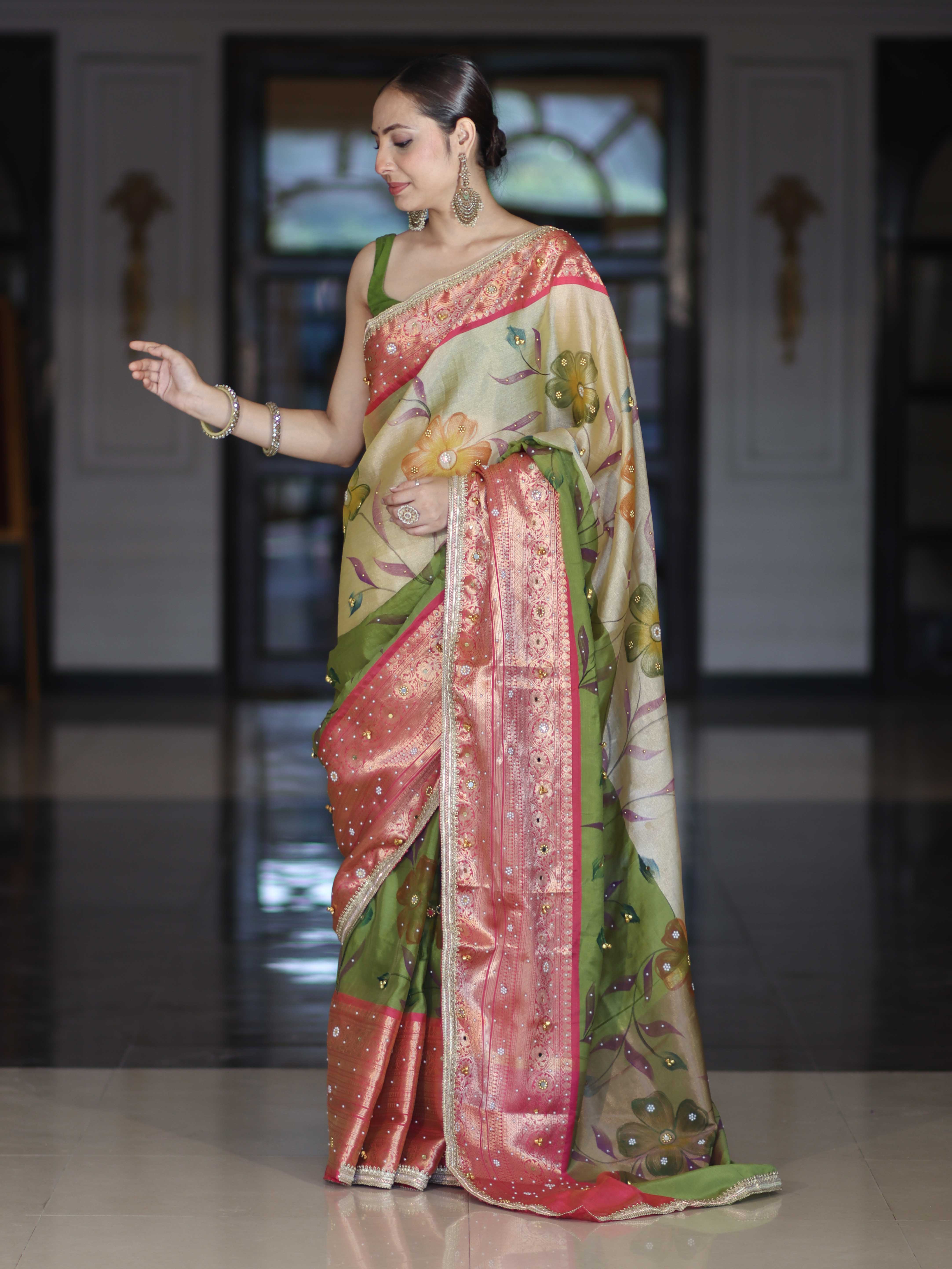 Banarasee Soft Silk Embroidered Saree With Hand Painted Floral Design & Contrast Border-Multicolor