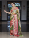 Banarasee Soft Silk Embroidered Saree With Hand Painted Floral Design & Contrast Border-Multicolor