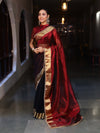 Banarasee Handwoven Dual Color Tissue Saree With Gold Zari Border & Lace-Maroon & Black