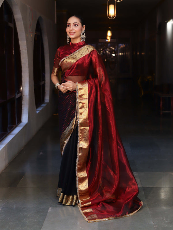 Banarasee Handwoven Dual Color Tissue Saree With Gold Zari Border & Lace-Maroon & Black