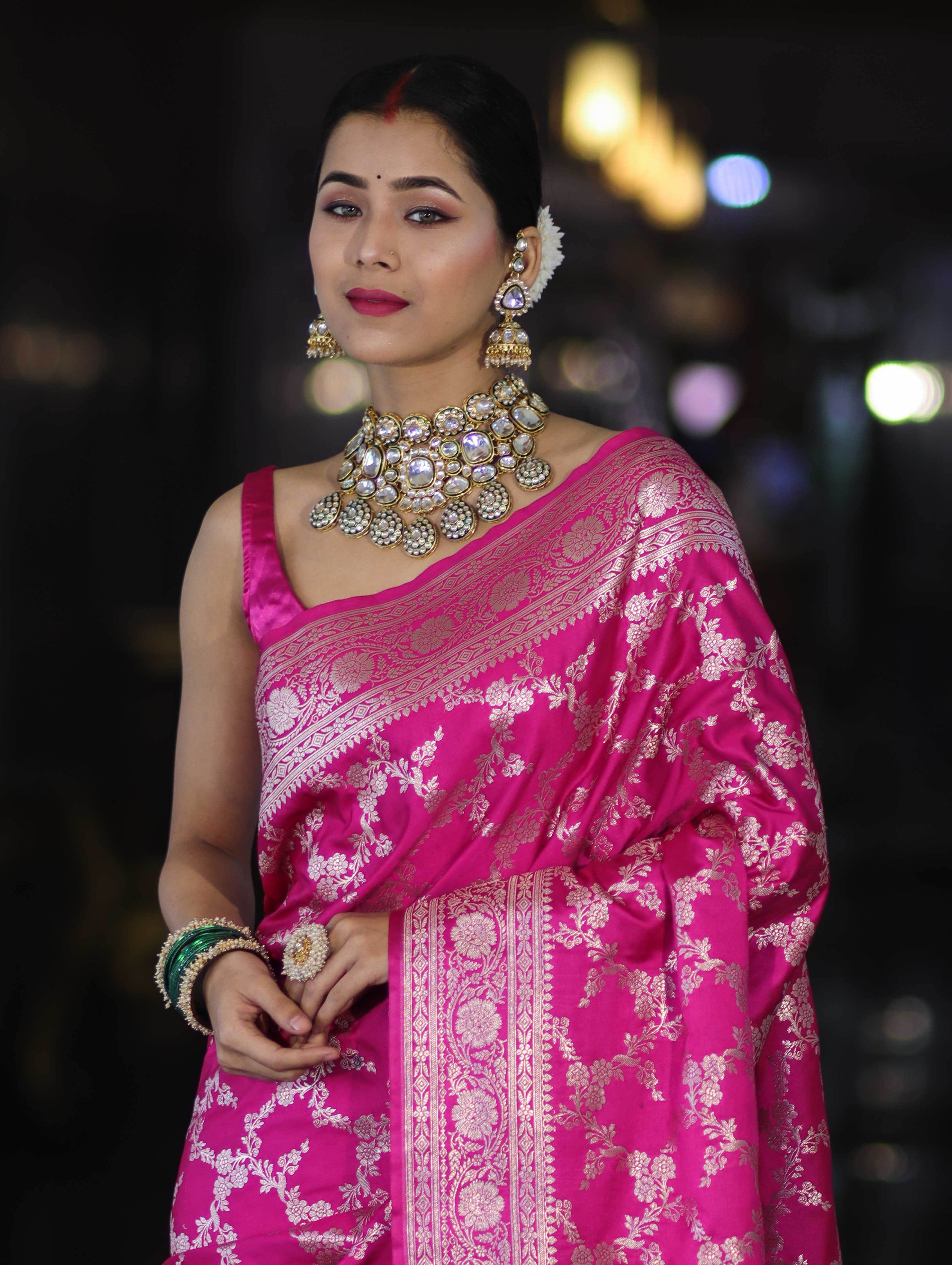 Banarasee Handloom Mashru Silk Saree With Zari Jaal Work & Floral Border-Pink