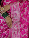 Banarasee Handloom Mashru Silk Saree With Zari Jaal Work & Floral Border-Pink
