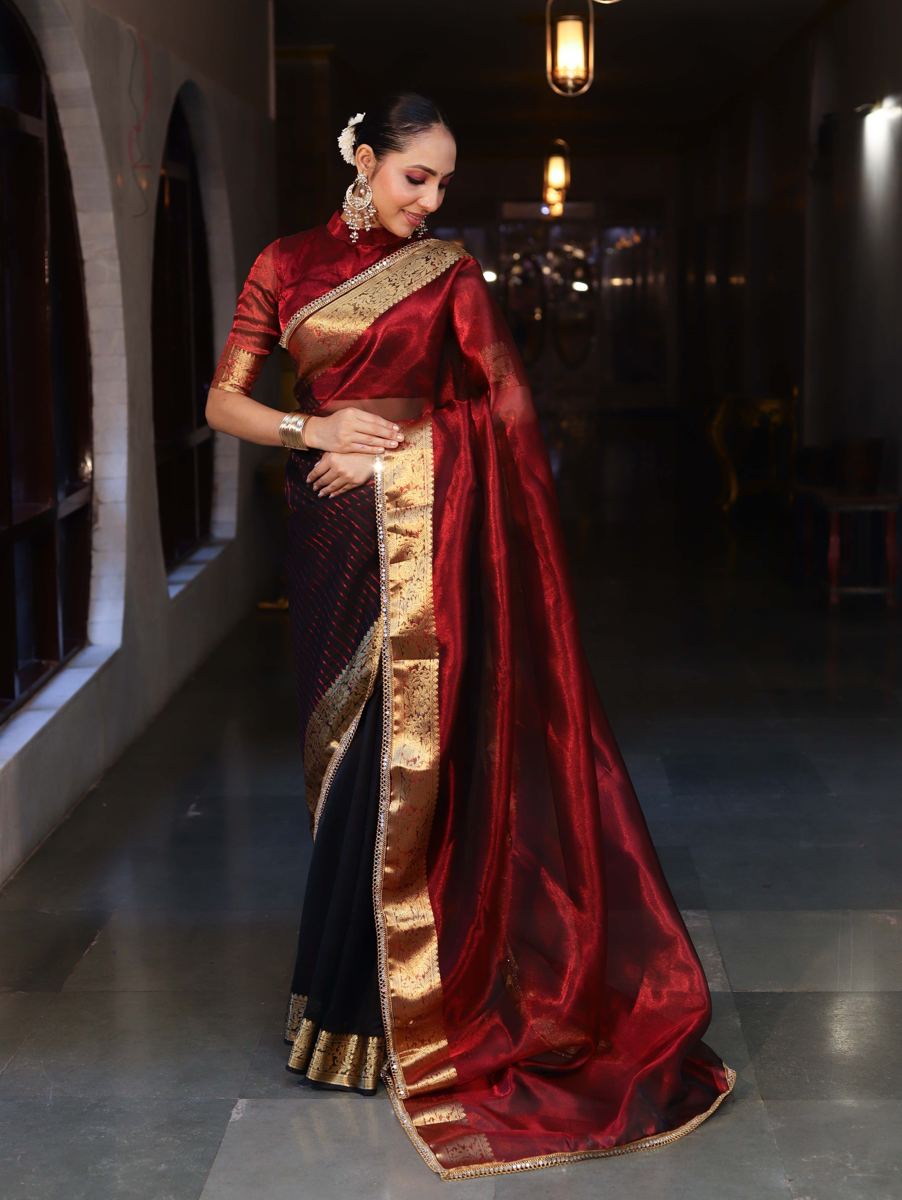 Banarasee Handwoven Dual Color Tissue Saree With Gold Zari Border & Lace-Maroon & Black