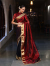 Banarasee Handwoven Dual Color Tissue Saree With Gold Zari Border & Lace-Maroon & Black