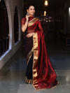 Banarasee Handwoven Dual Color Tissue Saree With Gold Zari Border & Lace-Maroon & Black