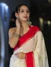 Banarasee Handloom Semi Silk With Sona Rupa Zari Work & Contrast Border-Cream & Red
