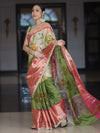 Banarasee Soft Silk Embroidered Saree With Hand Painted Floral Design & Contrast Border-Multicolor