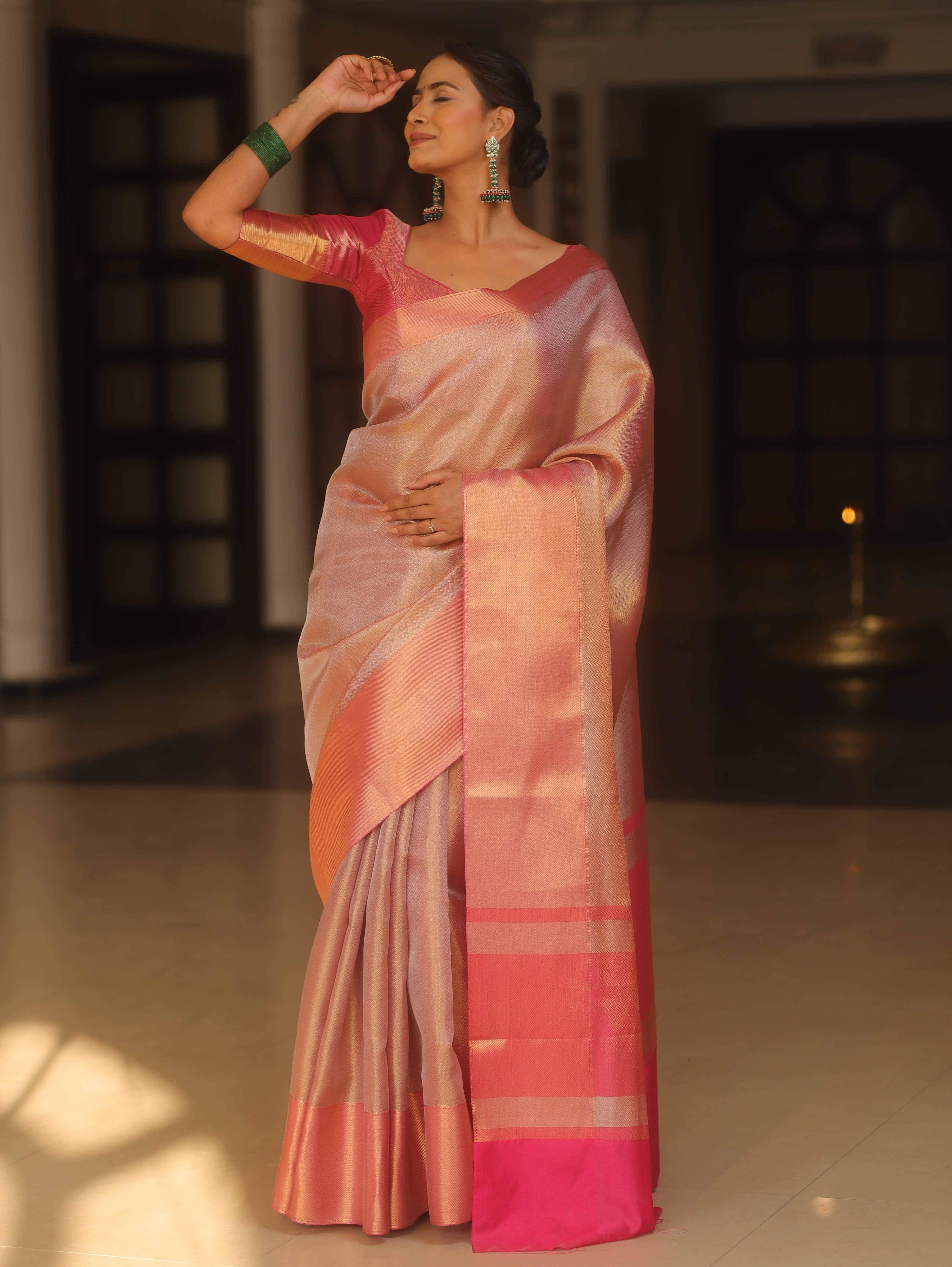 Banarasee Handwoven Tissue Zari Saree With Broder-Pink