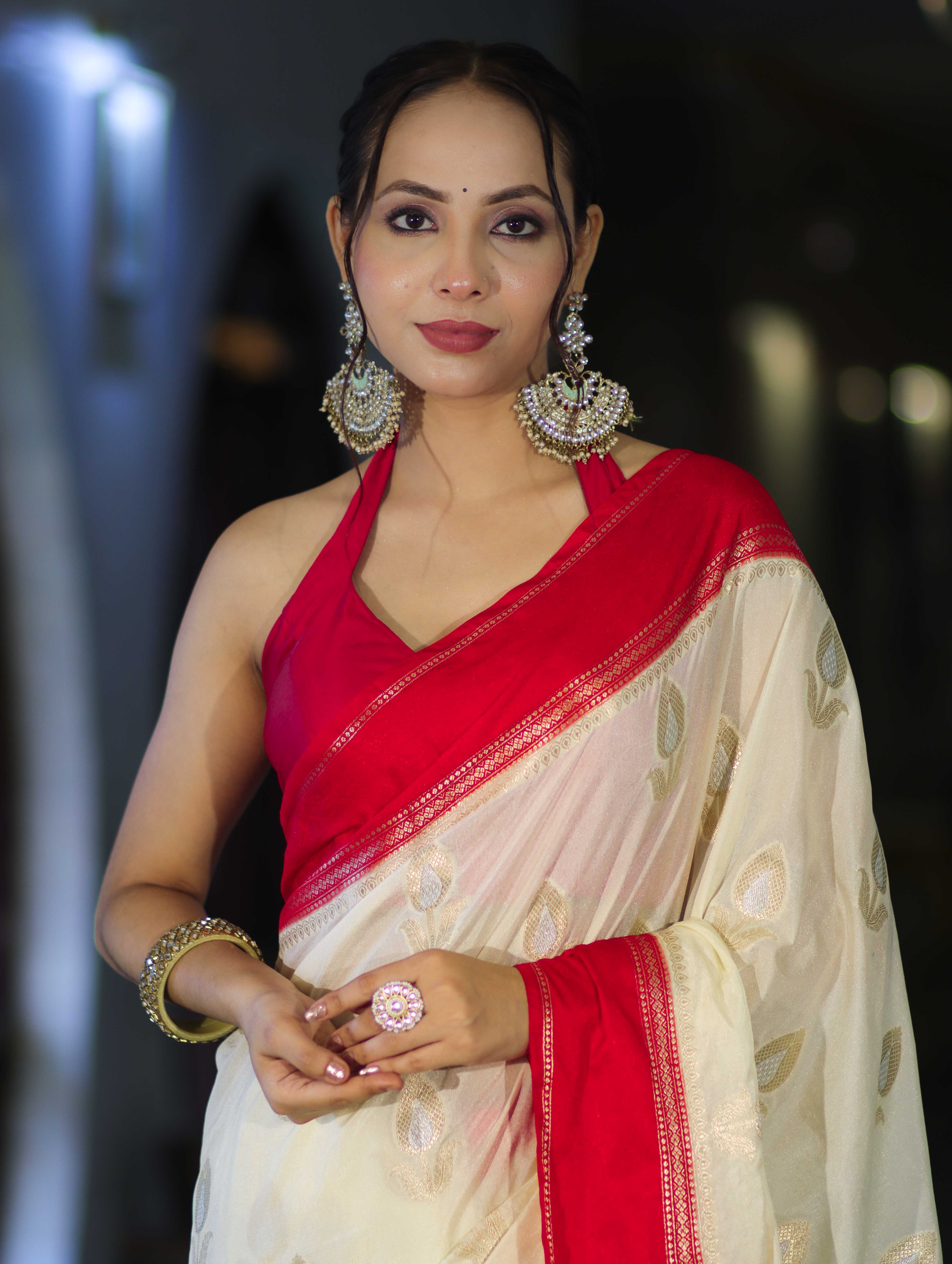Banarasee Handloom Semi Silk With Sona Rupa Zari Work & Contrast Border-Cream & Red