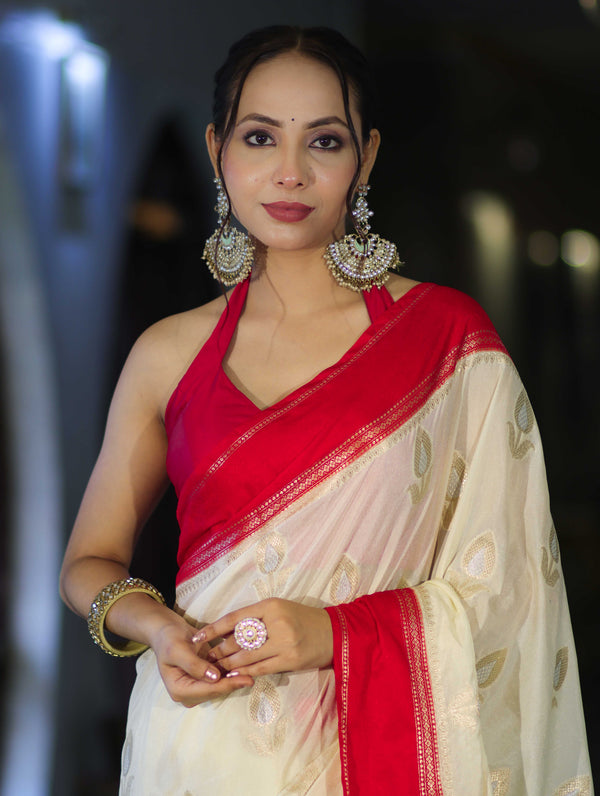 Banarasee Handloom Semi Silk With Sona Rupa Zari Work & Contrast Border-Cream & Red