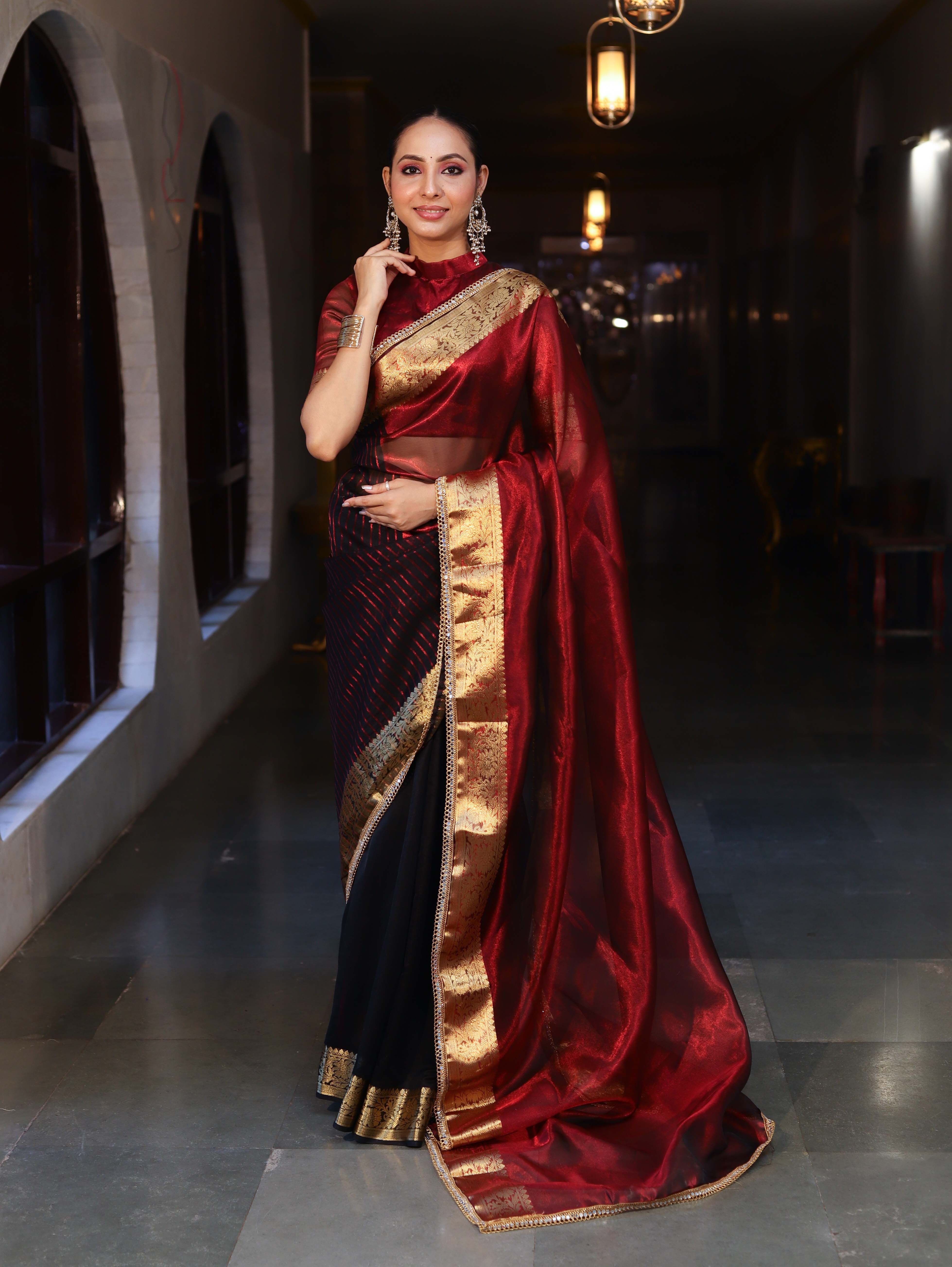 Banarasee Handwoven Dual Color Tissue Saree With Gold Zari Border & Lace-Maroon & Black