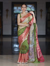 Banarasee Soft Silk Embroidered Saree With Hand Painted Floral Design & Contrast Border-Multicolor