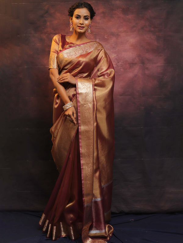 Banarasee Handwoven Plain Tissue Zari Border Saree-Rose Pink