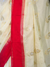Banarasee Handloom Semi Silk With Sona Rupa Zari Work & Contrast Border-Cream & Red