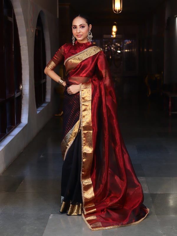 Banarasee Handwoven Dual Color Tissue Saree With Gold Zari Border & Lace-Maroon & Black