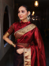 Banarasee Handwoven Dual Color Tissue Saree With Gold Zari Border & Lace-Maroon & Black