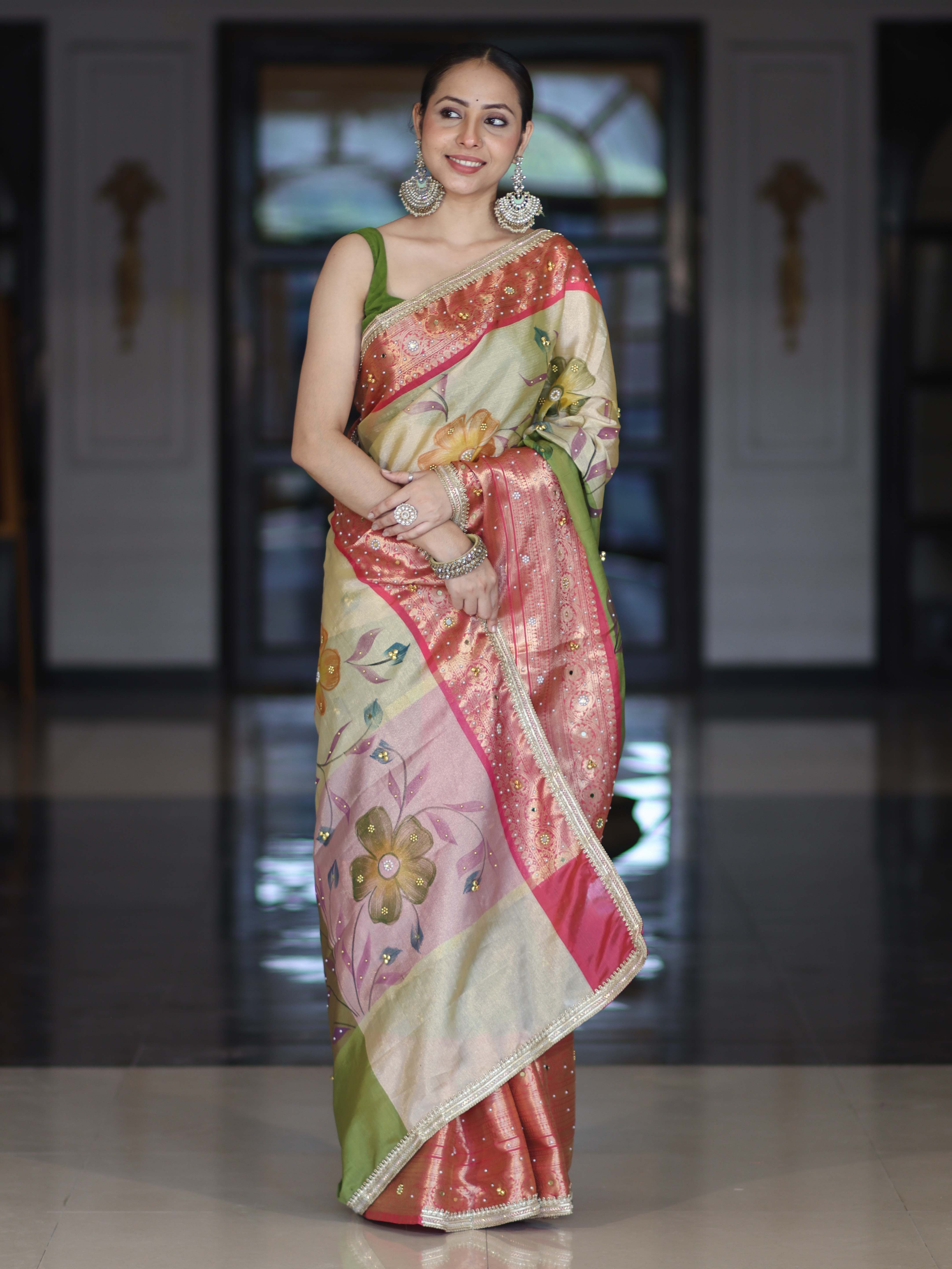 Banarasee Soft Silk Embroidered Saree With Hand Painted Floral Design & Contrast Border-Multicolor