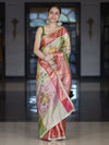 Banarasee Soft Silk Embroidered Saree With Hand Painted Floral Design & Contrast Border-Multicolor