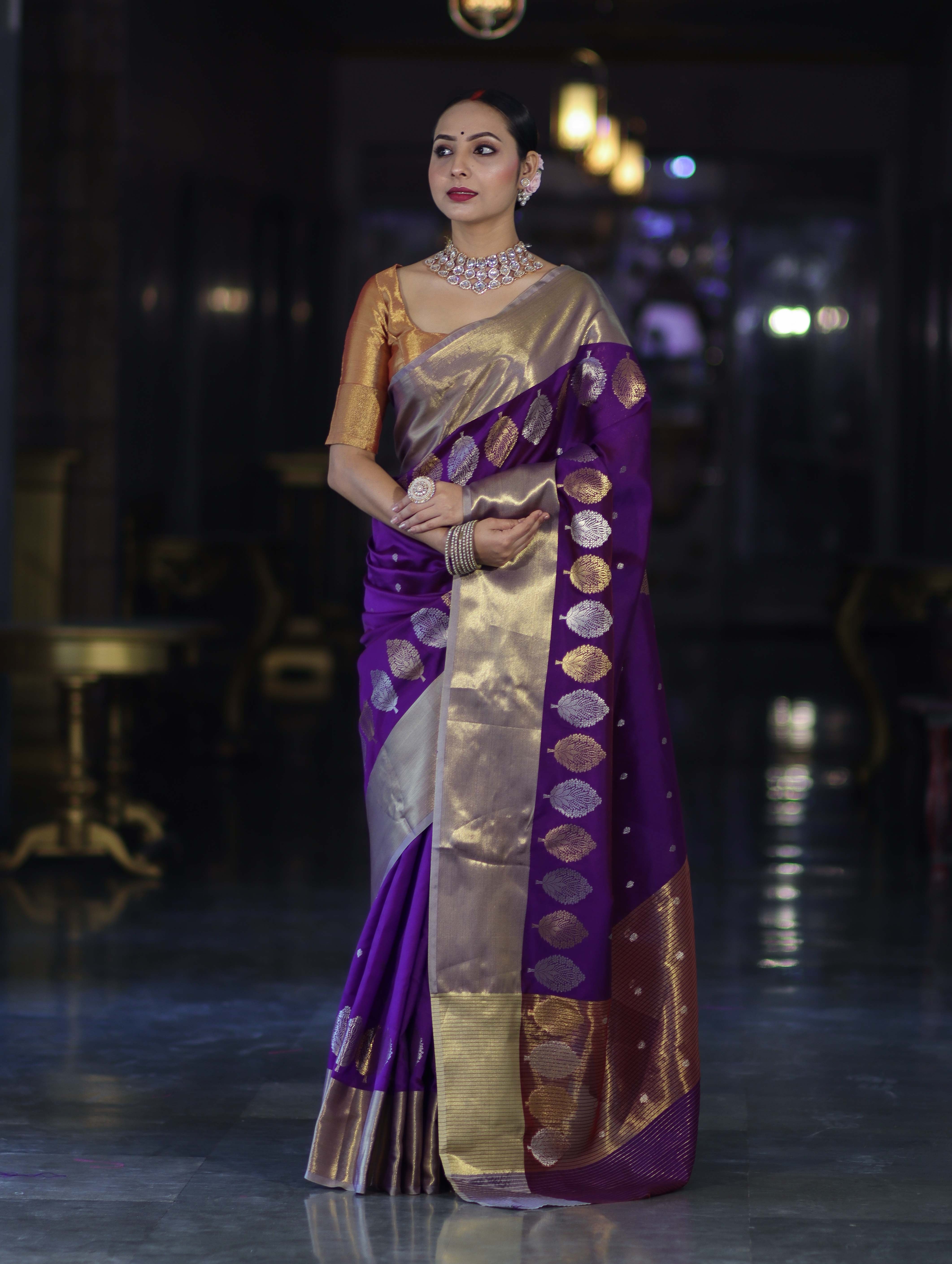 Banarasee Handloom Semi Silk Saree With Sona Rupa Zari Buti Design & Contrast Border-Violet
