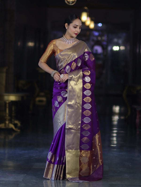 Banarasee Handloom Semi Silk Saree With Sona Rupa Zari Buti Design & Contrast Border-Violet