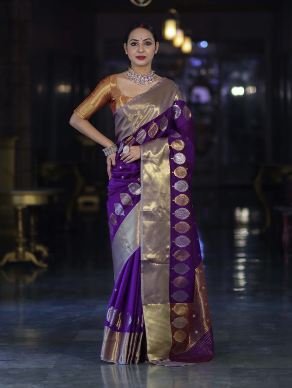 Banarasee Handloom Semi Silk Saree With Sona Rupa Zari Buti Design & Contrast Border-Violet