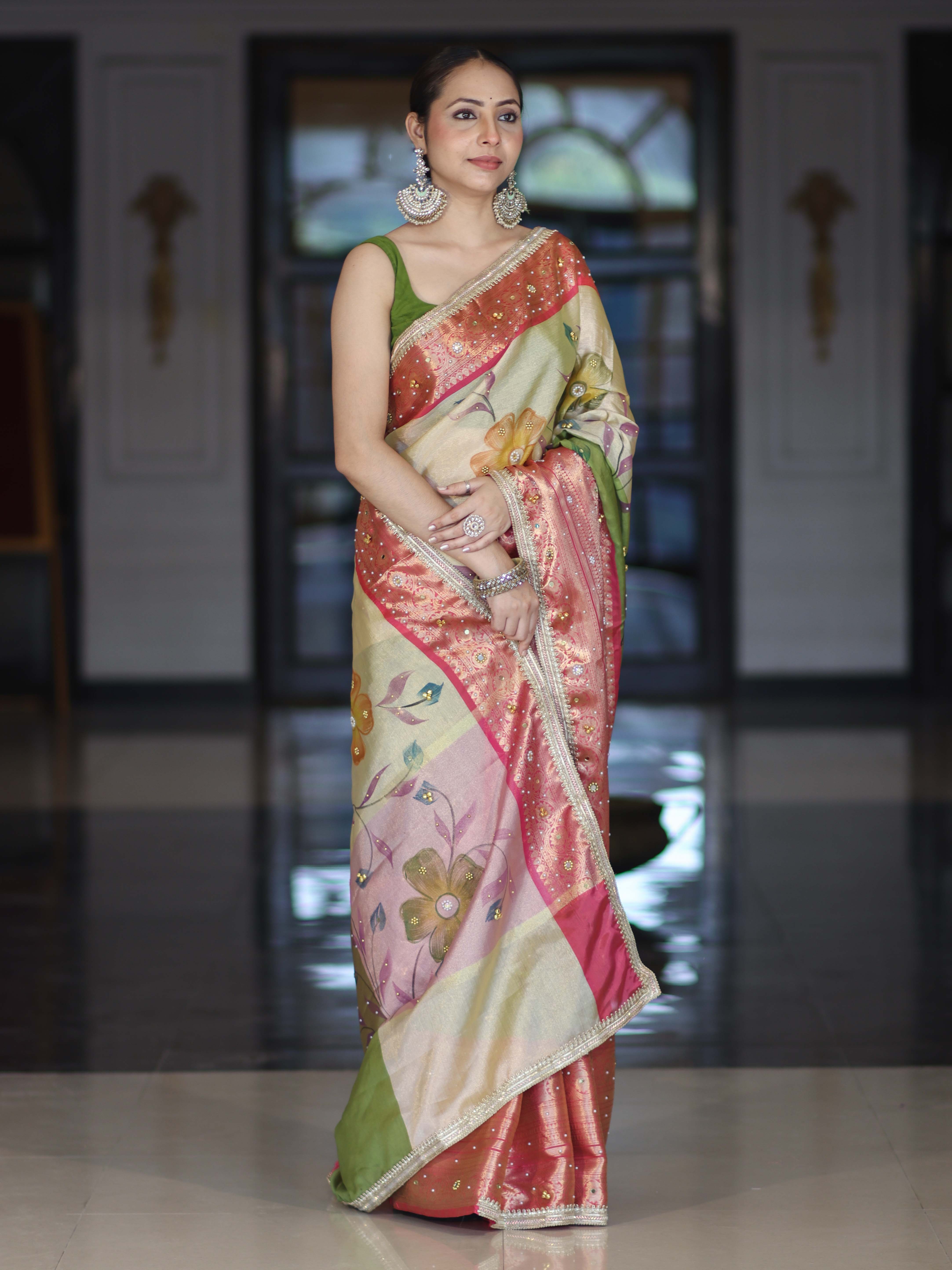 Banarasee Soft Silk Embroidered Saree With Hand Painted Floral Design & Contrast Border-Multicolor