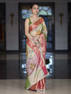 Banarasee Soft Silk Embroidered Saree With Hand Painted Floral Design & Contrast Border-Multicolor