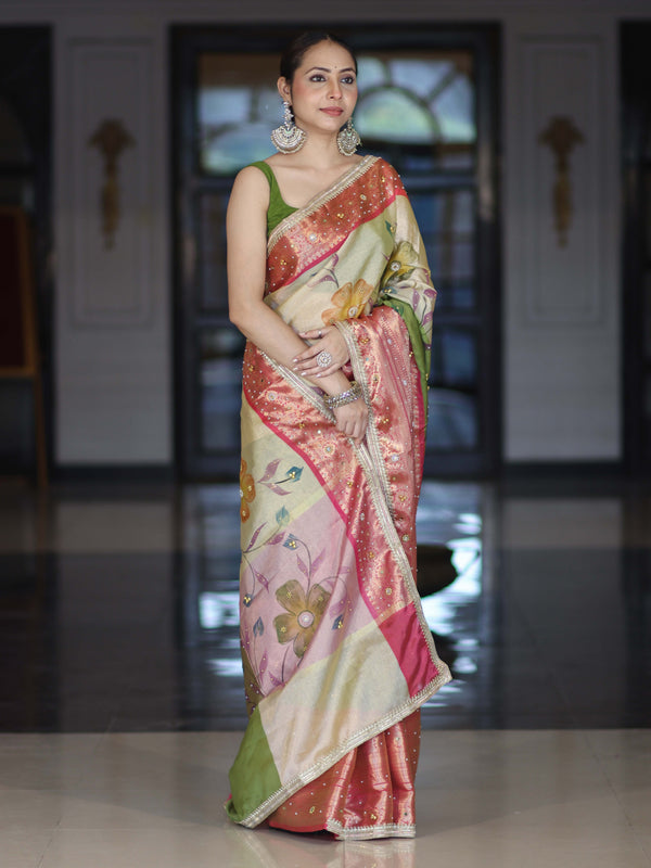 Banarasee Soft Silk Embroidered Saree With Hand Painted Floral Design & Contrast Border-Multicolor