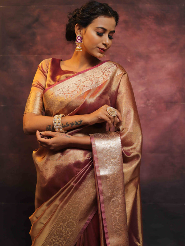 Banarasee Handwoven Plain Tissue Zari Border Saree-Rose Pink