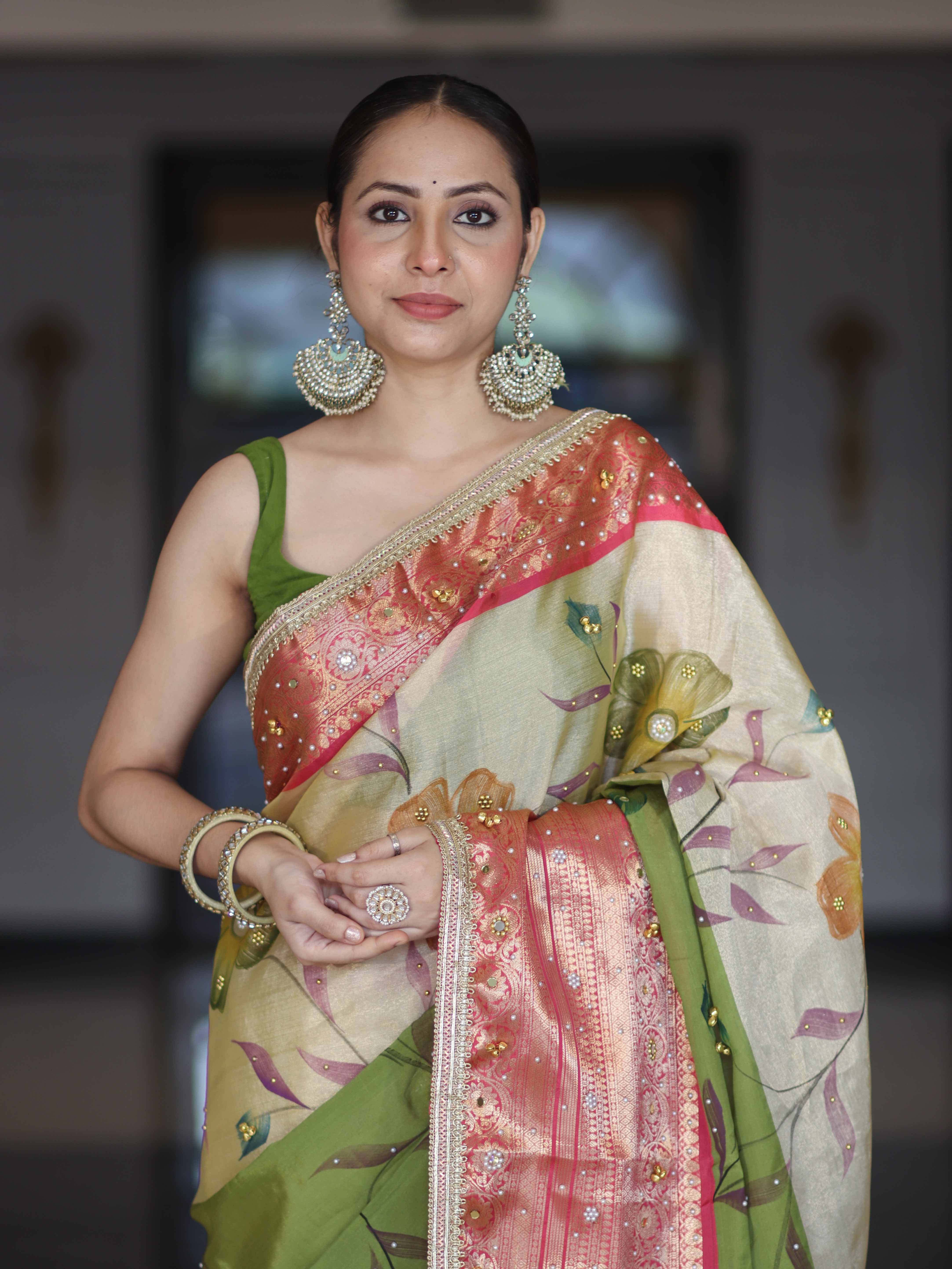 Banarasee Soft Silk Embroidered Saree With Hand Painted Floral Design & Contrast Border-Multicolor