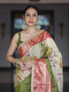 Banarasee Soft Silk Embroidered Saree With Hand Painted Floral Design & Contrast Border-Multicolor