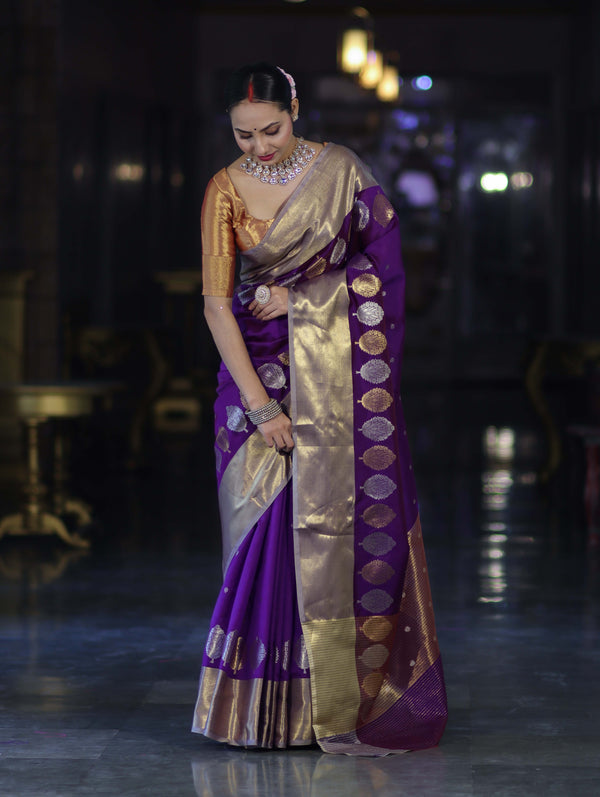 Banarasee Handloom Semi Silk Saree With Sona Rupa Zari Buti Design & Contrast Border-Violet