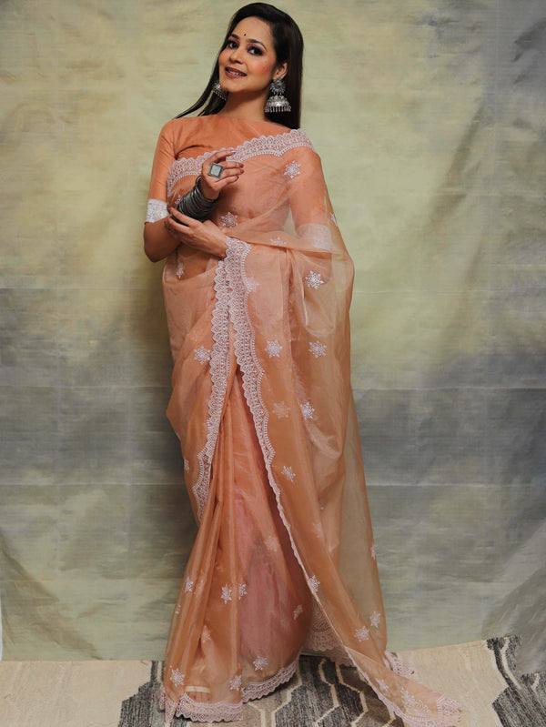 Banarasee Handwoven Organza Silk Floral Embroidered Saree-Light Brown