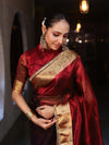 Banarasee Handwoven Dual Color Tissue Saree With Gold Zari Border & Lace-Maroon & Black