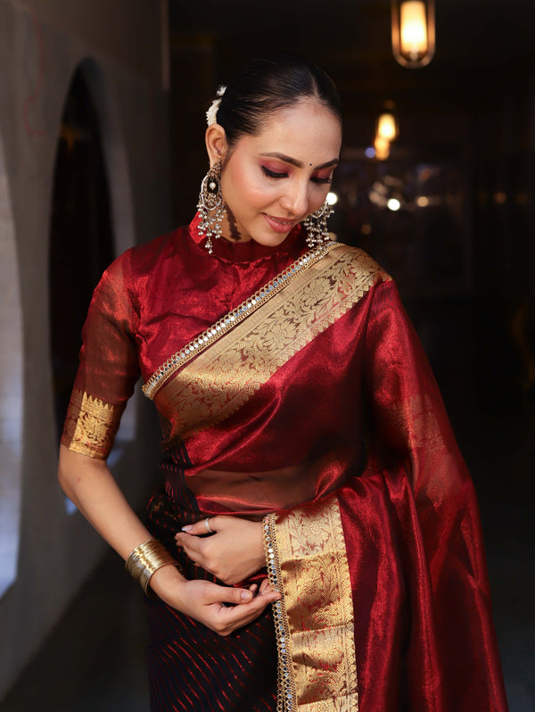 Banarasee Handwoven Dual Color Tissue Saree With Gold Zari Border & Lace-Maroon & Black