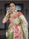 Banarasee Soft Silk Embroidered Saree With Hand Painted Floral Design & Contrast Border-Multicolor
