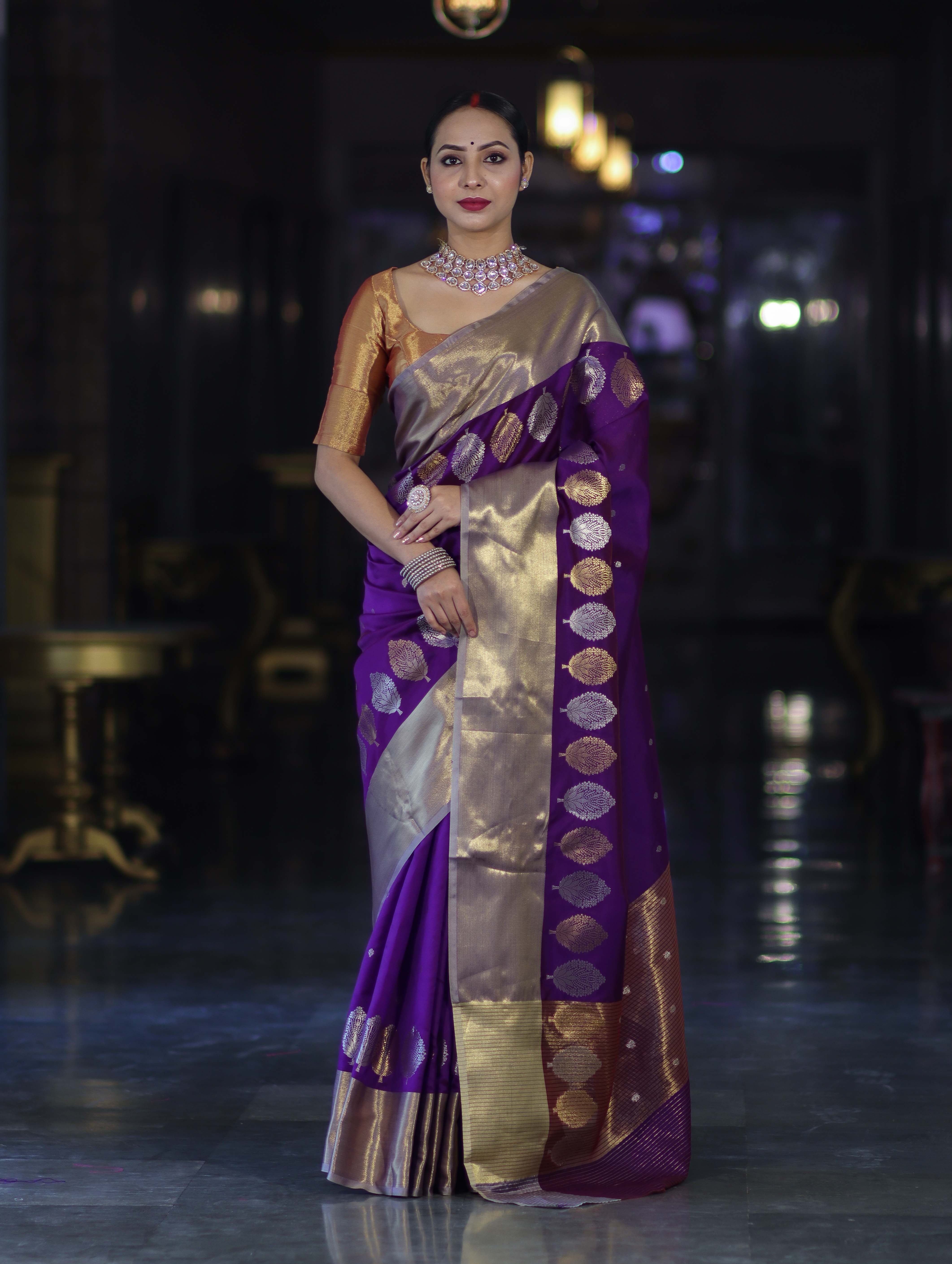 Banarasee Handloom Semi Silk Saree With Sona Rupa Zari Buti Design & Contrast Border-Violet