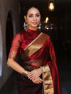 Banarasee Handwoven Dual Color Tissue Saree With Gold Zari Border & Lace-Maroon & Black