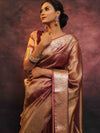 Banarasee Handwoven Plain Tissue Zari Border Saree-Rose Pink