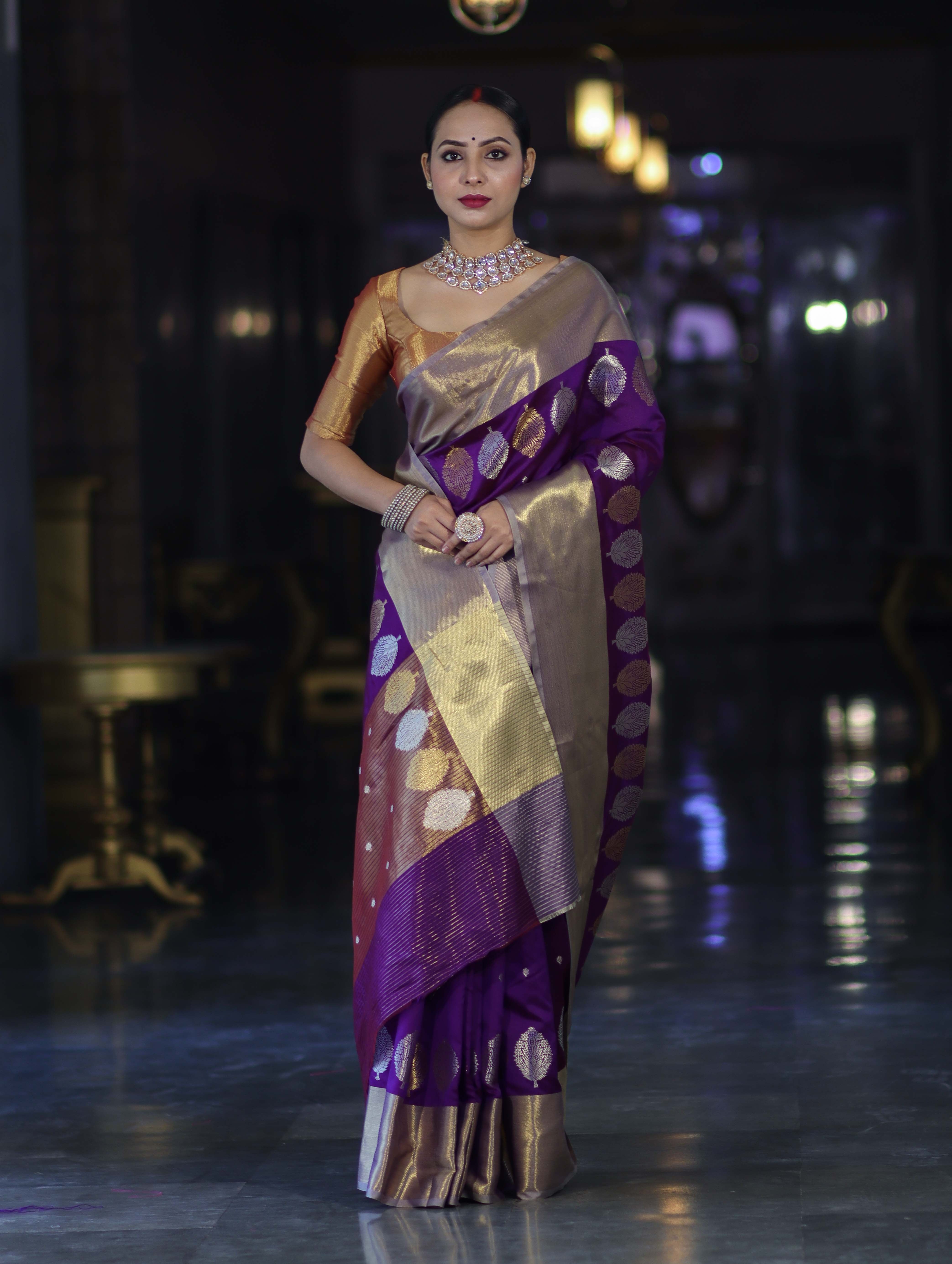 Banarasee Handloom Semi Silk Saree With Sona Rupa Zari Buti Design & Contrast Border-Violet