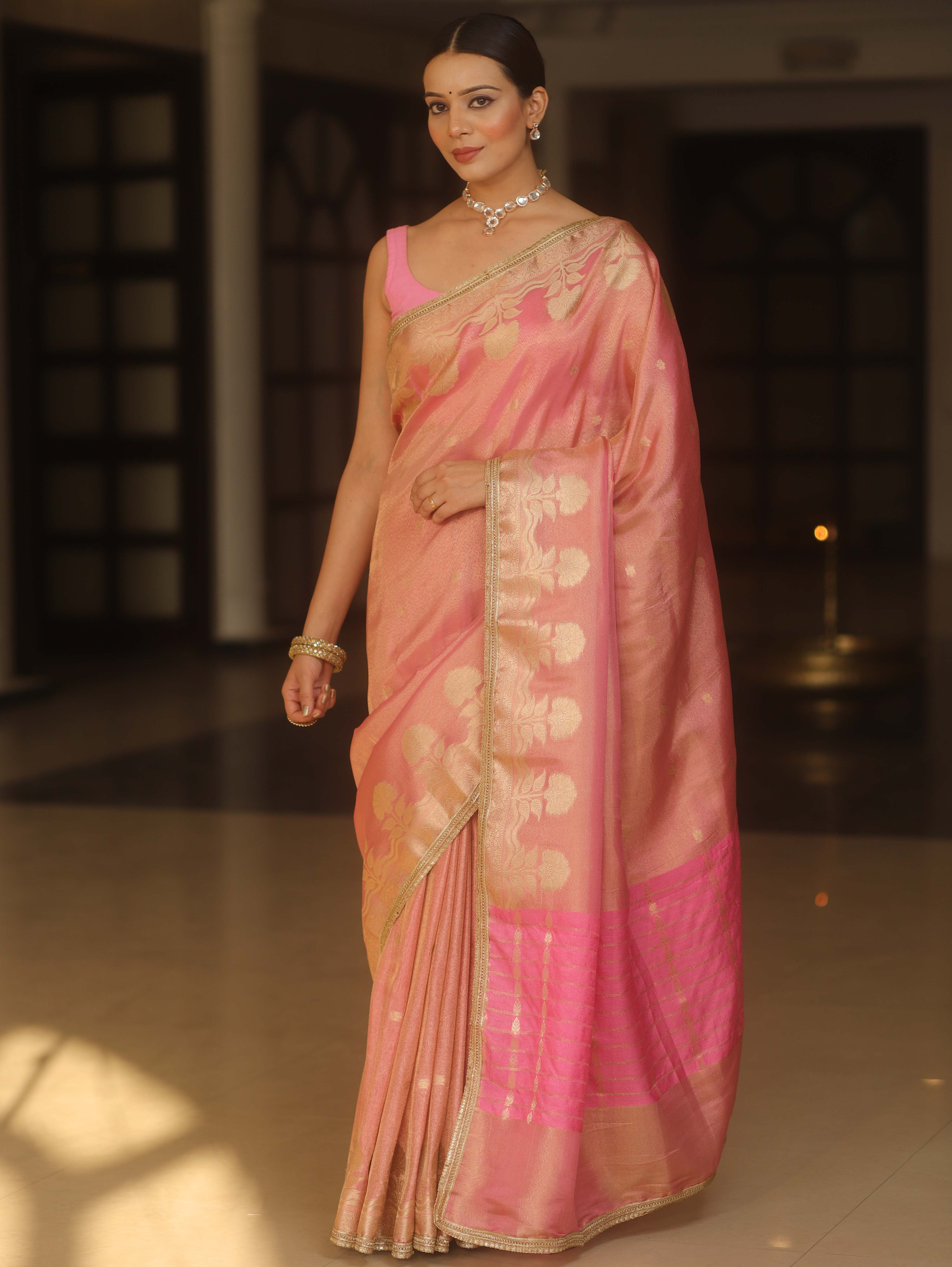 Banarasee Handwoven Soft Tissue Saree Zari Border With Lace-Pink