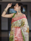 Banarasee Soft Silk Embroidered Saree With Hand Painted Floral Design & Contrast Border-Multicolor