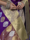 Banarasee Handloom Semi Silk Saree With Sona Rupa Zari Buti Design & Contrast Border-Violet