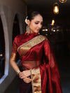 Banarasee Handwoven Dual Color Tissue Saree With Gold Zari Border & Lace-Maroon & Black
