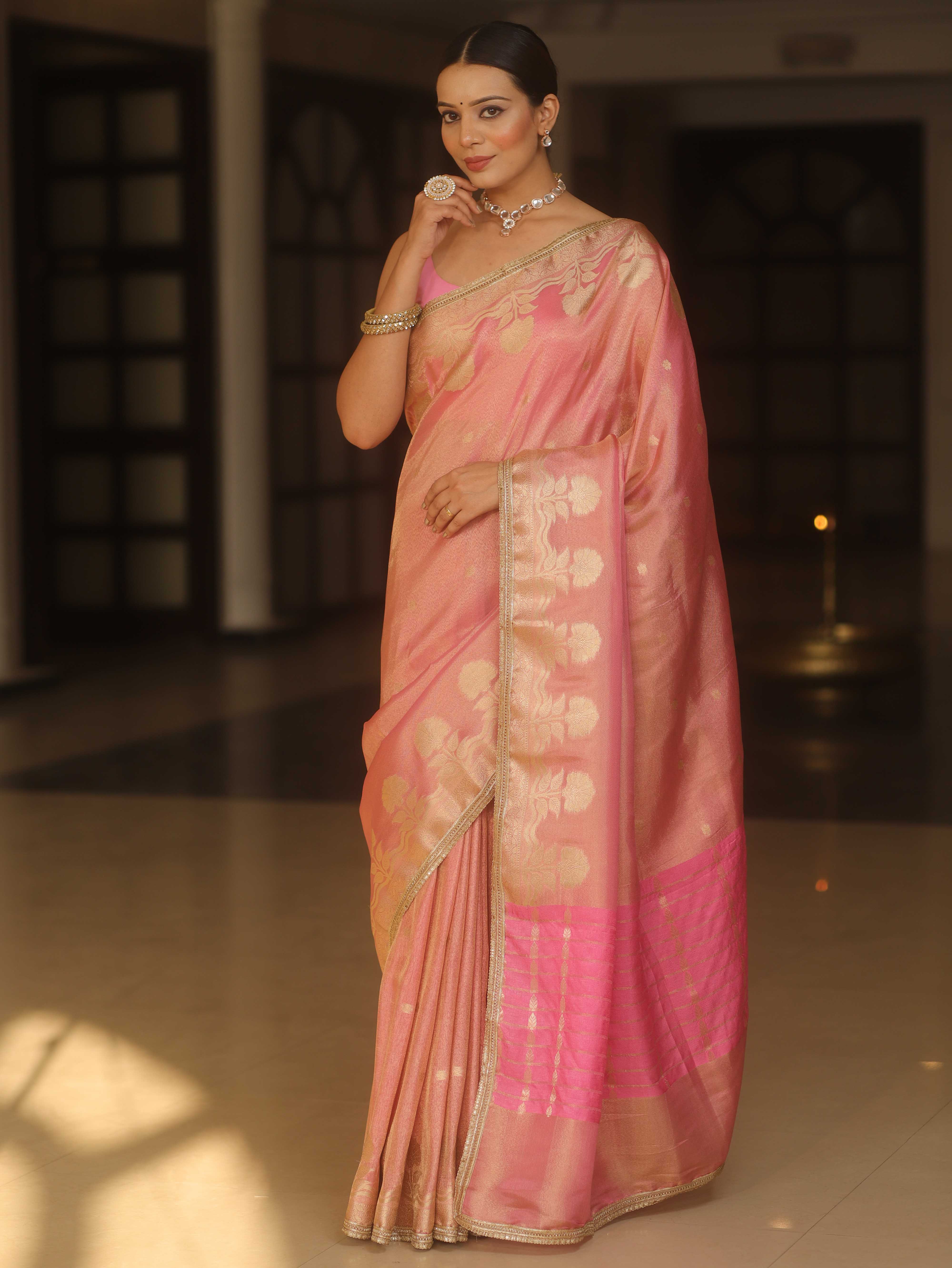 Banarasee Handwoven Soft Tissue Saree Zari Border With Lace-Pink