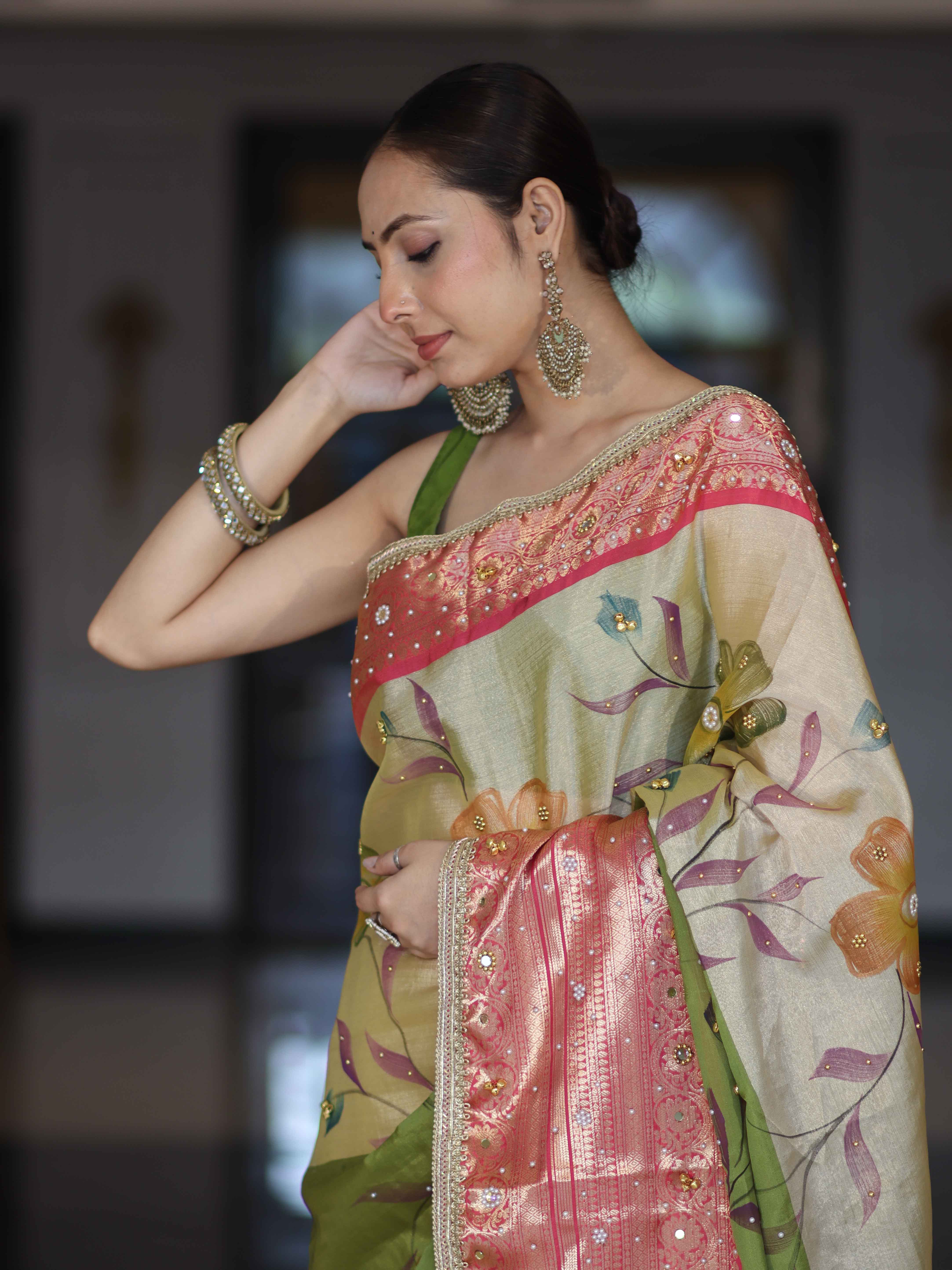 Banarasee Soft Silk Embroidered Saree With Hand Painted Floral Design & Contrast Border-Multicolor